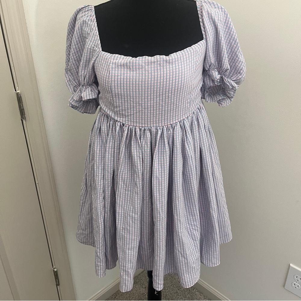 Mable Pink and Blue Babydoll dress Mini Sz S Gingham Cottage-core Puff Sleeve